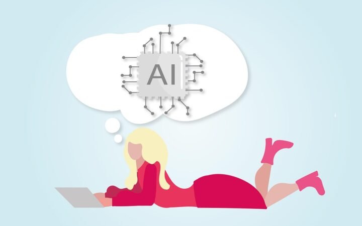 woman using laptop chatbot conversation